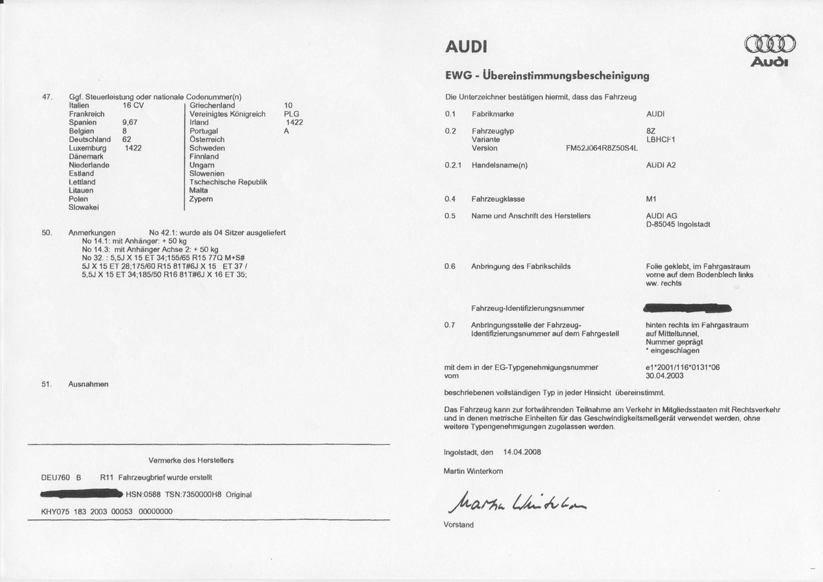 Com’è fatto il COC Audi ? Le sezioni del certificato