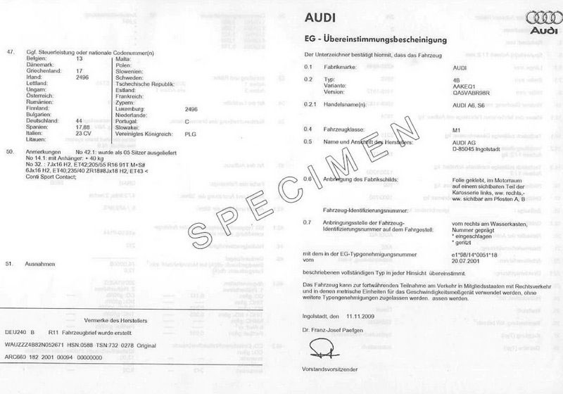 Certificato di conformità Audi (CoC)