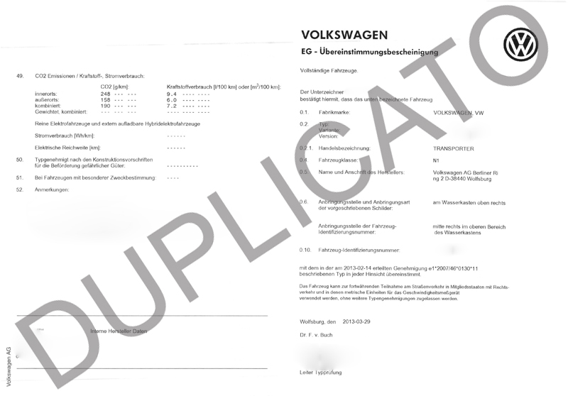 Certificato di conformità Volkswagen VW (CoC)