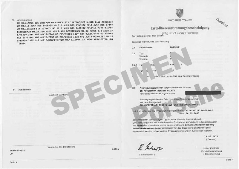 Certificato di conformità Porsche (CoC)